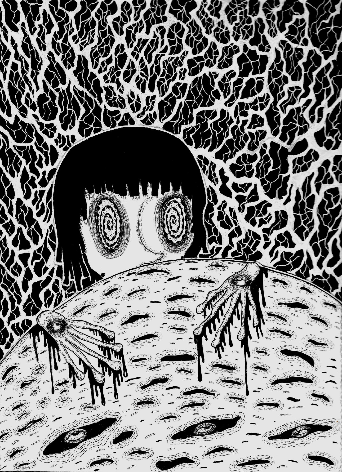STUCK ON THE MOON INK DRAWING - 8.5X11 PEN AND INK WORK